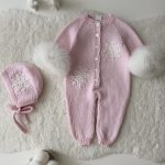 0-3 months Knit Merino Baby Romper and Bonnet Set - with Genuine Fur Trim