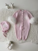 0-3 months Knit Merino Baby Romper and Bonnet Set - with Genuine Fur Trim