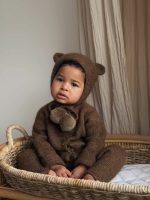 Set of 2 Baby Alpaca Bear Bonnet & Romper Set – Brown - Image 10