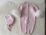 0-3 months Knit Merino Baby Romper and Bonnet Set - with Genuine Fur Trim - Image 9