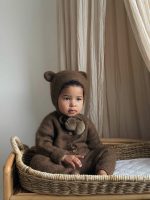 Set of 2 Baby Alpaca Bear Bonnet & Romper Set – Brown - Image 13
