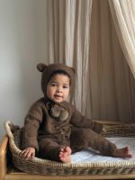 Set of 2 Baby Alpaca Bear Bonnet & Romper Set – Brown - Image 11
