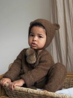 Set of 2 Baby Alpaca Bear Bonnet & Romper Set – Brown - Image 3