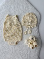 Set of 3 Cotton Knit Baby Romper Bonnet & Booties Set - Sleeveless Summer Outfit - Image 3