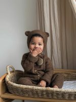 Set of 2 Baby Alpaca Bear Bonnet & Romper Set – Brown - Image 4