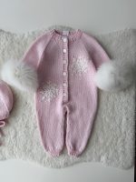 0-3 months Knit Merino Baby Romper and Bonnet Set - with Genuine Fur Trim - Image 4