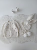 9-12 months Embroidered Baby Cardigan and Bonnet Set – Cream Alpaca Knit - Easter outfit