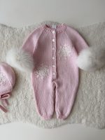 0-3 months Knit Merino Baby Romper and Bonnet Set - with Genuine Fur Trim - Image 3