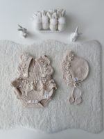 0-3 months Merino Baby Romper and Bonnet Set – Knit Sleeveless Outfit Beige - Image 2