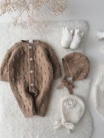 0-3 months Knit Merino Baby Romper and Bonnet Set Brown - Image 2