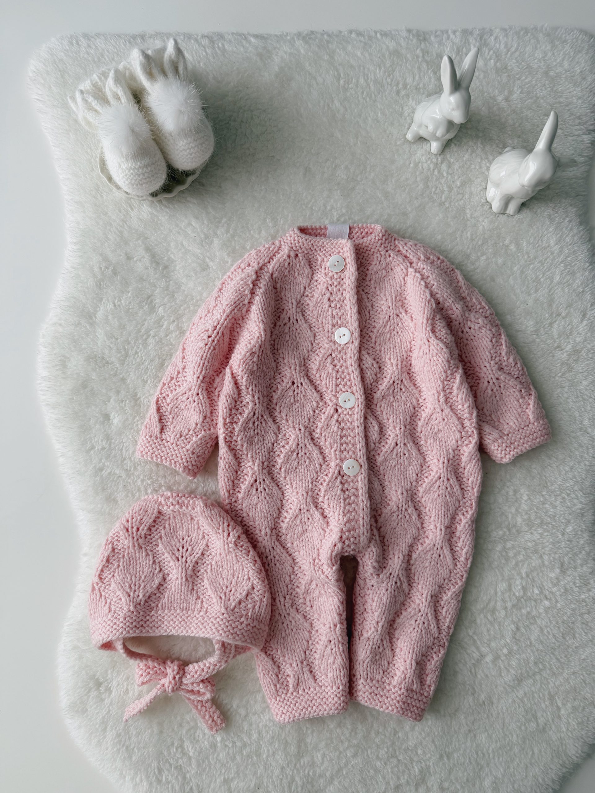 Processed with VSCO with hb1 preset 0-3 months Knit Merino Baby Romper and Bonnet Set Pale Pink - Image 1