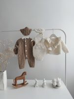 0-3 months Knit Merino Baby Romper and Bonnet Set Brown - Image 9