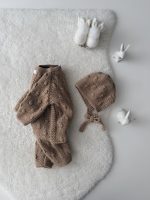 0-3 months Knit Merino Baby Romper and Bonnet Set Brown - Image 3